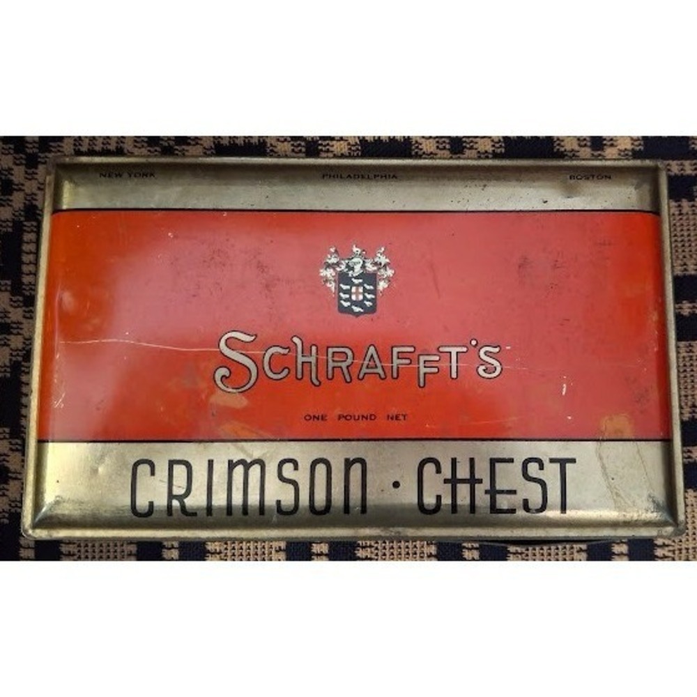 Vintage Schrafft's Crimson Chest Candy Tin Art Deco Orange Gold 1lb Metal Box